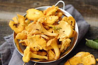 ahşap arka plan üzerinde taze Cantharellus cibarius mantar  