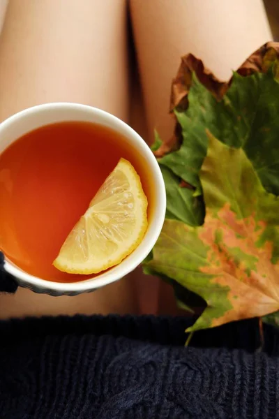 Kubek herbaty z cytryną w rękach dziewczyna — Zdjęcie stockowe