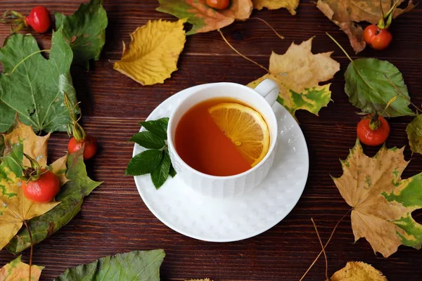 Sonbahar tablo limonlu çay yaprakları