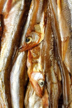 Ahşap zemin üzerine tuz ile kurutulmuş balık 