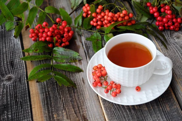 Deliciosa xícara de chá e bagas Rowan em uma mesa de madeira — Fotografia de Stock