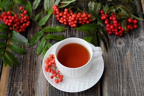 Γευστικό φλιτζάνι τσάι και Rowan μούρα σε ένα ξύλινο τραπέζι — Φωτογραφία Αρχείου