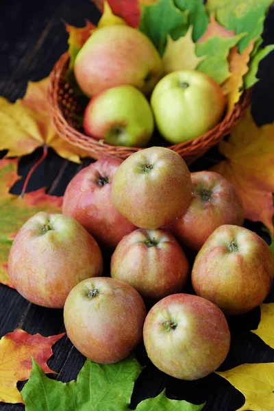 Delicious fresh green apples and autumn leaves — Stock Photo, Image