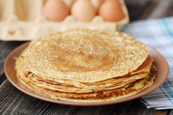 Fresh Pancakes Eggs Wooden Table — Stock Photo, Image