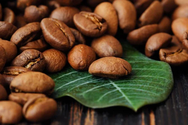 テーブルの上の緑の葉とコーヒー豆の焙煎 — ストック写真