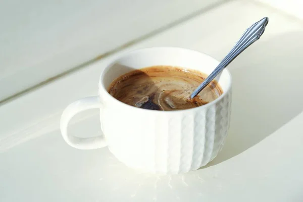 Cup Fresh Coffee Sunny Windowsill — Stock Photo, Image