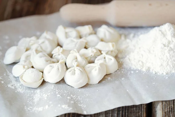 Homemade Dumplings Flour Table — Stock Photo, Image