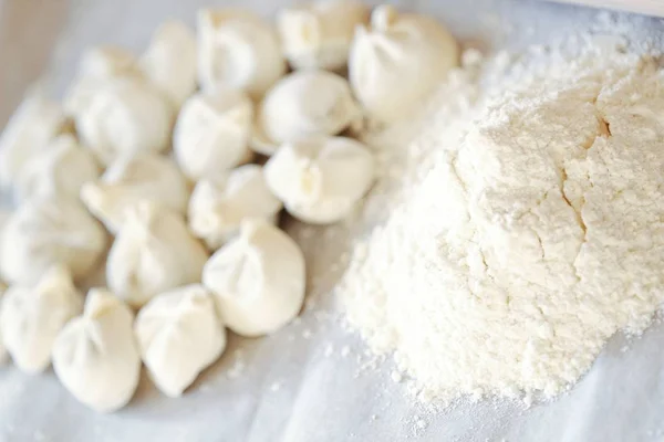 Homemade Dumplings Flour Table — Stock Photo, Image
