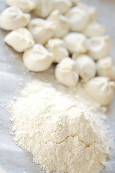 Homemade Dumplings Flour Table — Stock Photo, Image