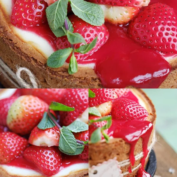 Heerlijke Mooie Cheesecake Met Aardbeien Munt — Stockfoto