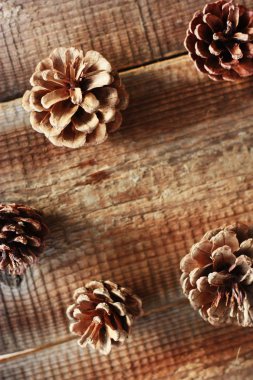 Çam kozalakları görünümlü kahverengi ahşap arkaplan 