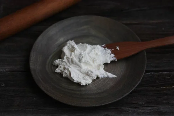 Fresh Cottage Cheese Wooden Table — Stock Photo, Image