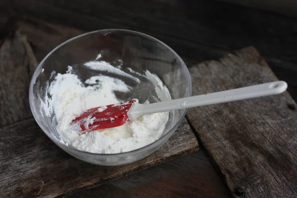 Fresh Cottage Cheese Wooden Table — Stock Photo, Image