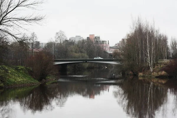 Rusya 'da köprüsü olan güzel sonbahar manzarası nehri 