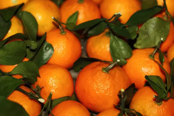 Saftige Frische Mandarinen Mit Blättern Auf Dem Tisch — Stockfoto