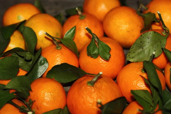 Saftige Frische Mandarinen Mit Blättern Auf Dem Tisch — Stockfoto
