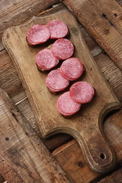 Sandwiches Bread Sausage Table — Stock Photo, Image