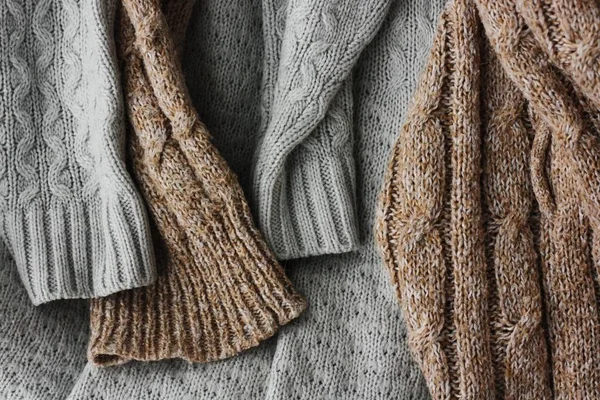 Beautiful knitted grey and brown sweaters macro