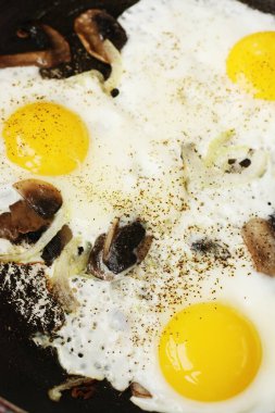 Çırpılmış yumurta, mantar ve soğanlı makro. 