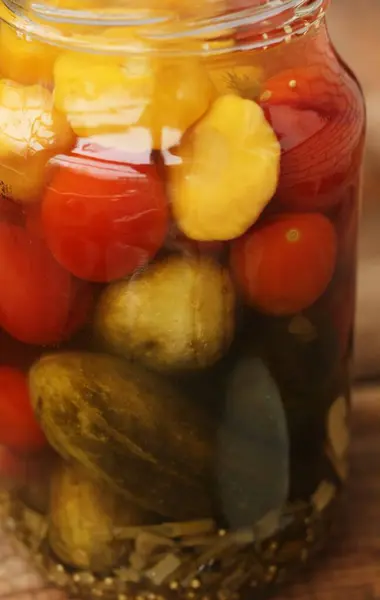 Salted Tomatoes Cucumbers Squash Jar — Stock Photo, Image
