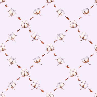 Suluboya pamuk topları açık mor arka plan üzerinde dikişsiz desen