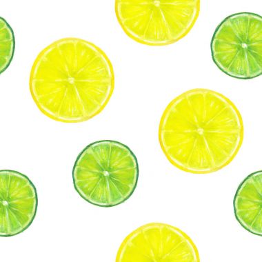 Sulu Boya Dikişsiz doku limon ve beyaz zemin üzerine kireç dilimleri ile