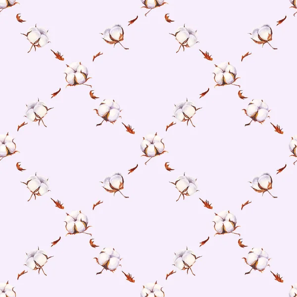 Akwarele bawełniane kulki bez szwu wzór na jasnym fioletowym tle — Zdjęcie stockowe