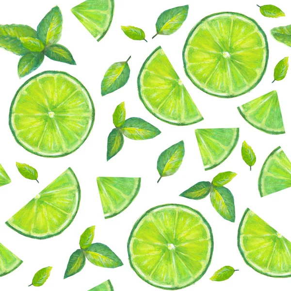 Watercolor seamless pattern with slices of  lime and mint leaves on white background — Stock Photo, Image