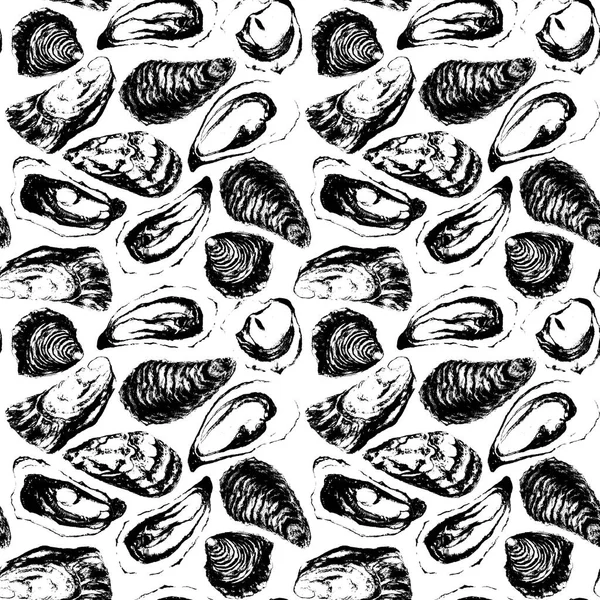 Watercolor black and white hand painted oysters seamless pattern