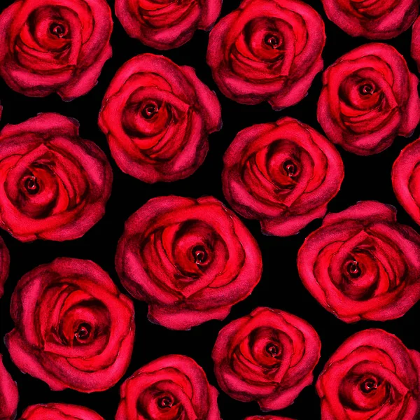 Aquarelle motif sans couture avec des roses rouges sur fond noir — Photo