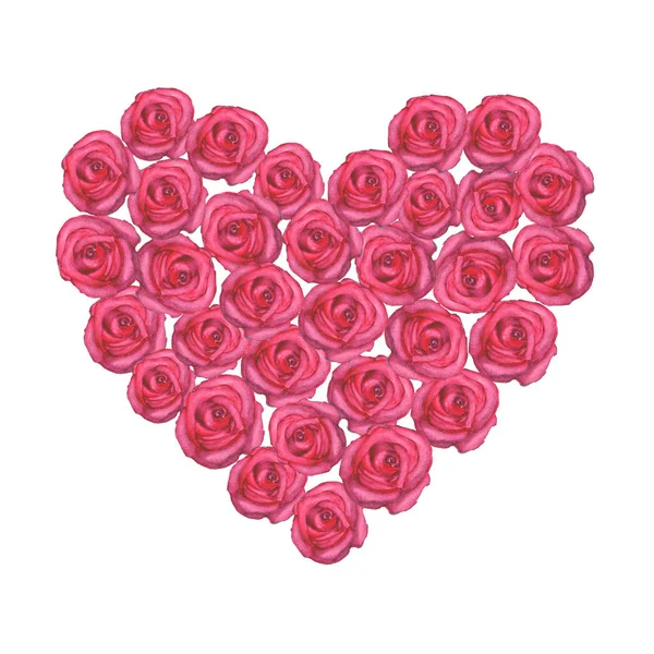 Акварель рука пофарбована в серце з рожевими трояндами на білому тлі — стокове фото