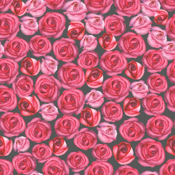 Watercolor seamless pattern with pink and red roses on dark background — Stock Photo, Image