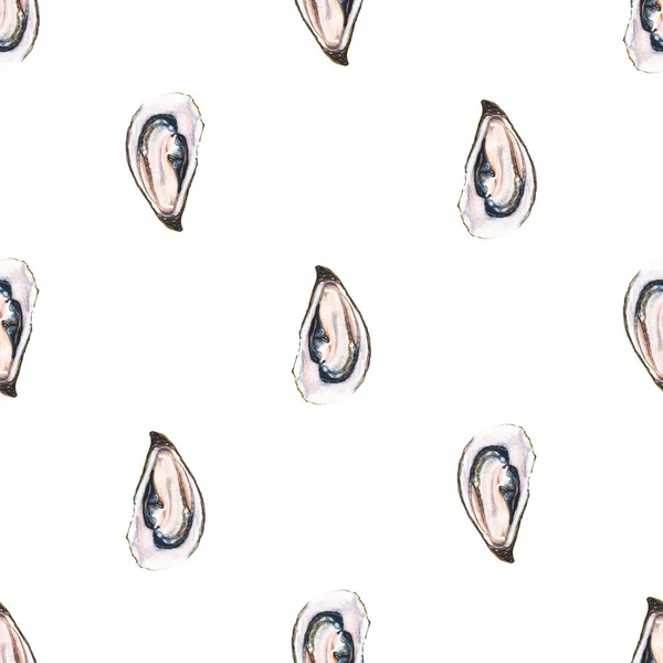 Watercolor oysters seamless pattern on white background — Stock Photo, Image