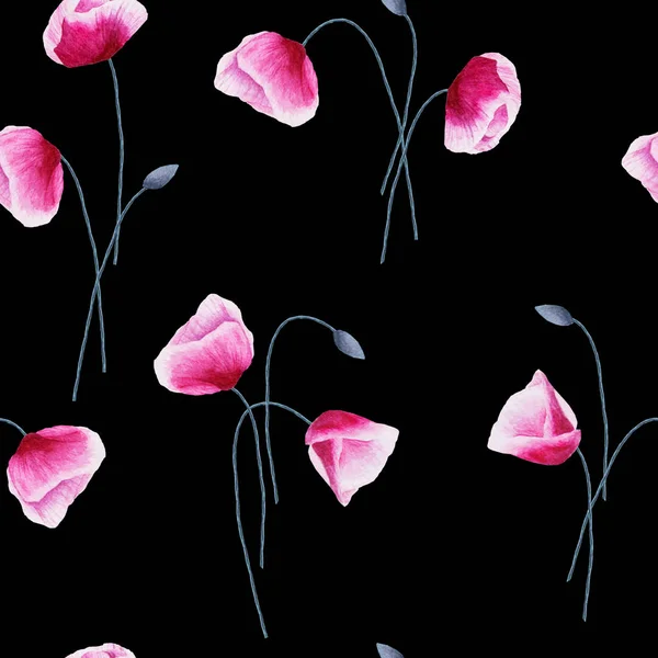 Patrón sin costuras con flores de amapola acuarela y brotes en negro —  Fotos de Stock