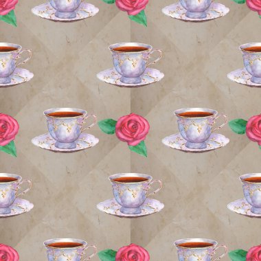 Sulu Boya çay bardak ve eski kağıt üzerinde gül ile Seamless Modeli