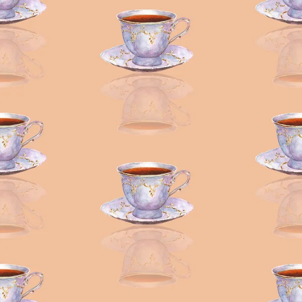 Seamless pattern with watercolor porcelain tea cups on cream  ba — Stock Photo, Image