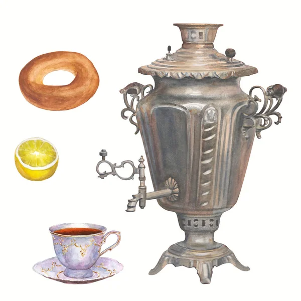 Kolekce čas akvarel čaj. Samovar, porcelánový šálek čaje, b — Stock fotografie