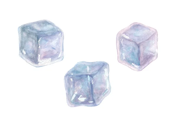 Conjunto de três cubos de gelo aquarela isolados sobre fundo branco — Fotografia de Stock