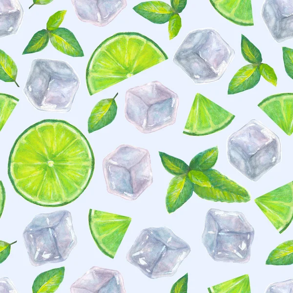 Motif sans couture avec glaçons aquarelle, feuilles de menthe et tranches de citron vert sur un fond bleu clair. Illustration aquarelle — Photo