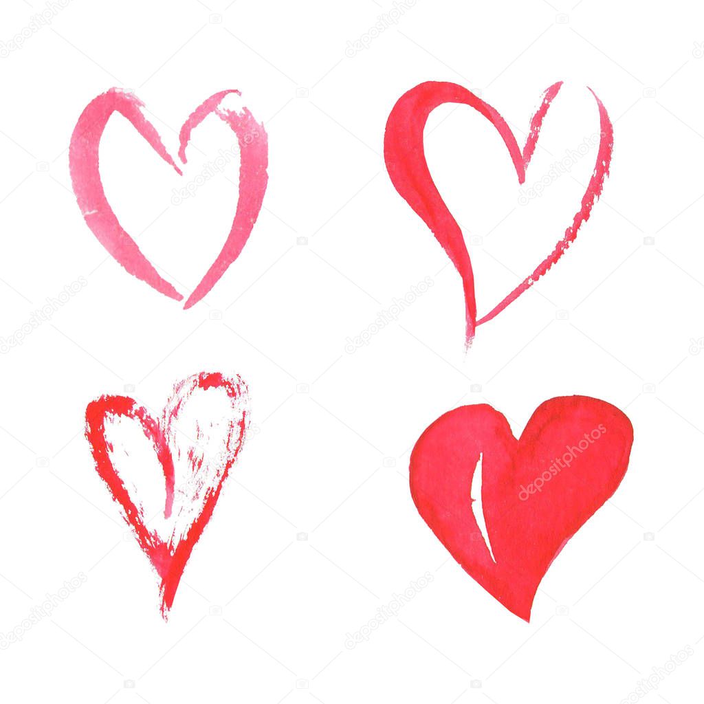 Set of watercolor hearts on white background . Sketch style icons collection. Watercolor vector illustration