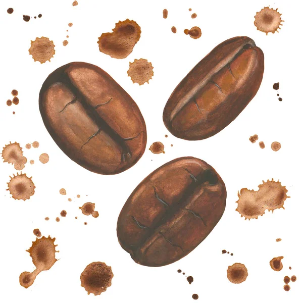 Ακουαρέλα εικονογράφηση με κόκκους καφέ και πιτσιλιές σε λευκό — Φωτογραφία Αρχείου