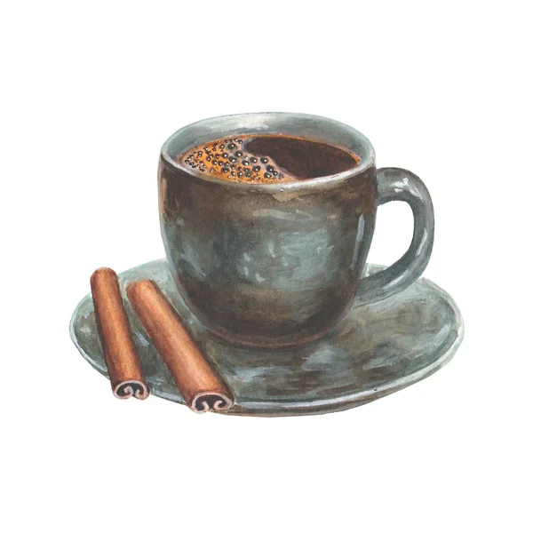 Ilustração aquarela com porcelana azul e marrom xícara de café e canela — Fotografia de Stock