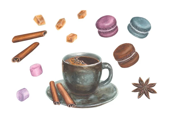 一杯咖啡、 肉桂、 八角、 杏仁饼、 棉花糖和糖晶体的水彩插图 — 图库照片
