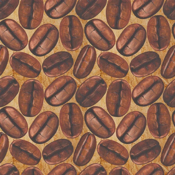 Бесшовный рисунок с акварелью кофе в зернах на старом бумажном фоне — стоковое фото