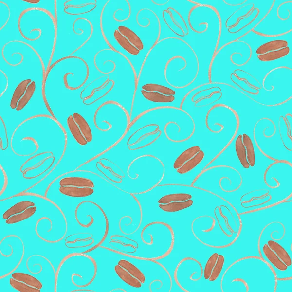 Sömlös akvarell skissa mönster med kaffebönor på turkos bakgrund. — Stockfoto