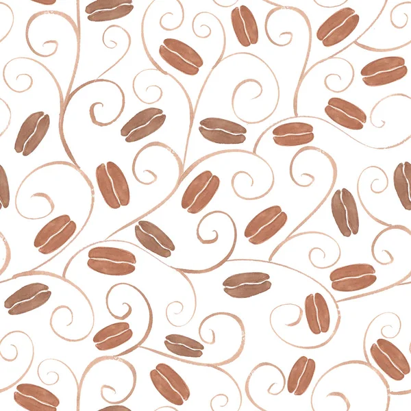Бесшовный рисунок акварелью с кофейными зернами на белом фоне . — стоковое фото