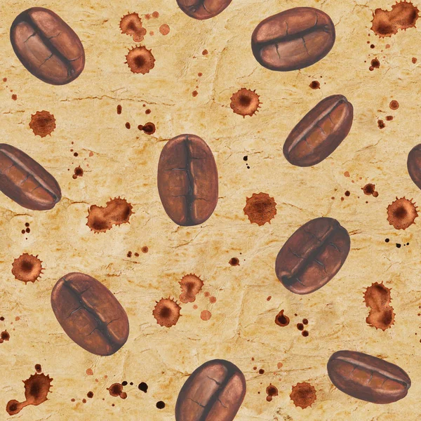 Seamless mönster med kaffebönor och fläckar på gamla papper — Stockfoto