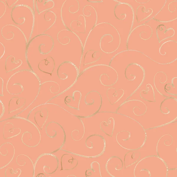 Aquarel gouden versiering lijn naadloze patroon met hart op roze — Stockfoto