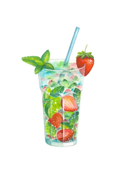 Aquarelle fraise mojito cocktail — Image vectorielle