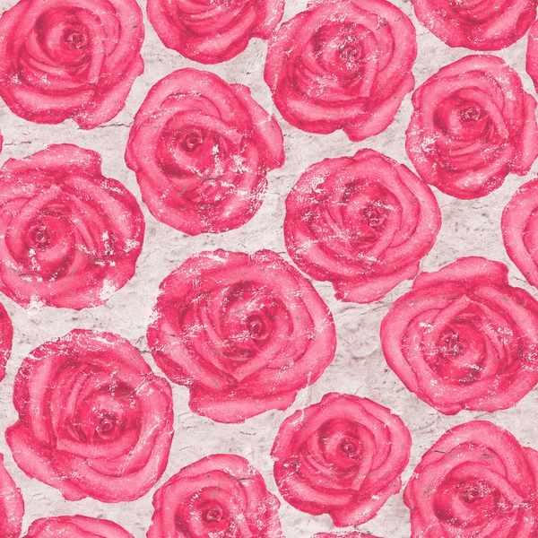 与旧纸上的粉红色玫瑰水彩画无缝模式 — 图库照片